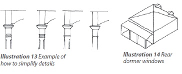 Illustration 13 is a line drawing showing how to simplify a verandah post. Illustration 14 shows rear dormer windows.