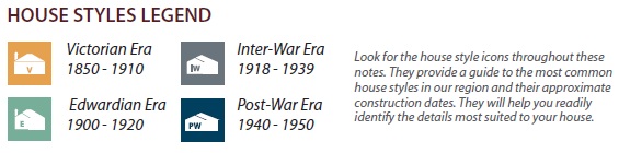 House styles legend showing an orange house icon for the Victorian Era (1850-1910), a teal icon for the Edwardian Era (1900-1920), a grey icon for the Interwar Era (1918-1939) and a blue icon for the Postwar Era (1940-1950).