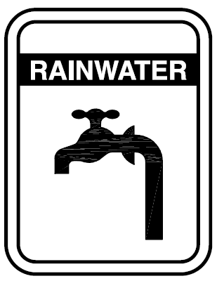 Logo of tap identifying water outlet with large capitalised text RAINWATER above logo of tap